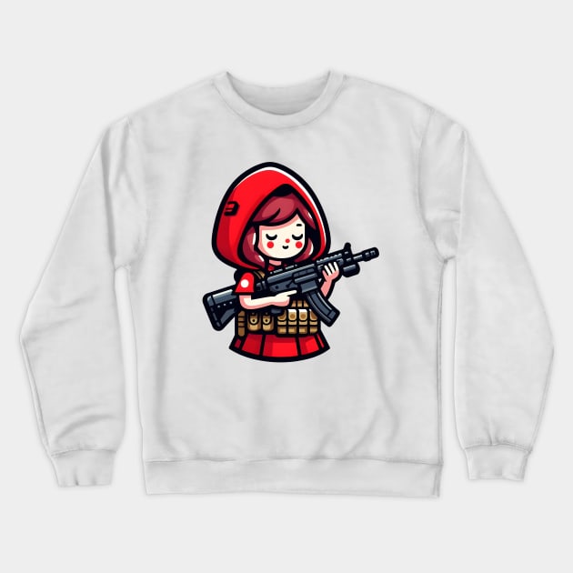 Tactical Little Red Riding Hood Adventure Tee: Where Fairytales Meet Bold Style Crewneck Sweatshirt by Rawlifegraphic